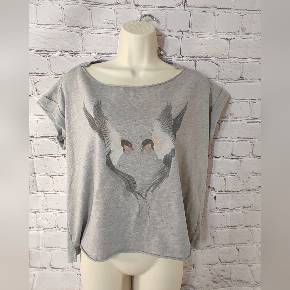 All Saints Gray Bird Graphic Short Sleeve Top